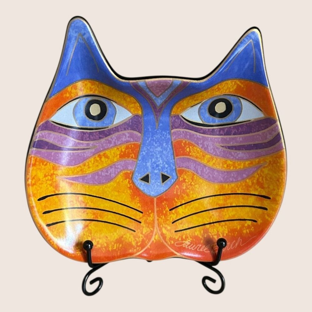 😻 VTG LAUREL BURCH WINE THINGS CAT FACE TRINKET DISH ORANGE BLUE 2007